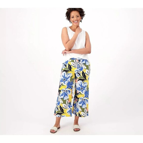 Susan Graver Soleil Gauze Wide Leg Crop Beach Flowy Pants XS Black Palm A602948 - Picture 5 of 8